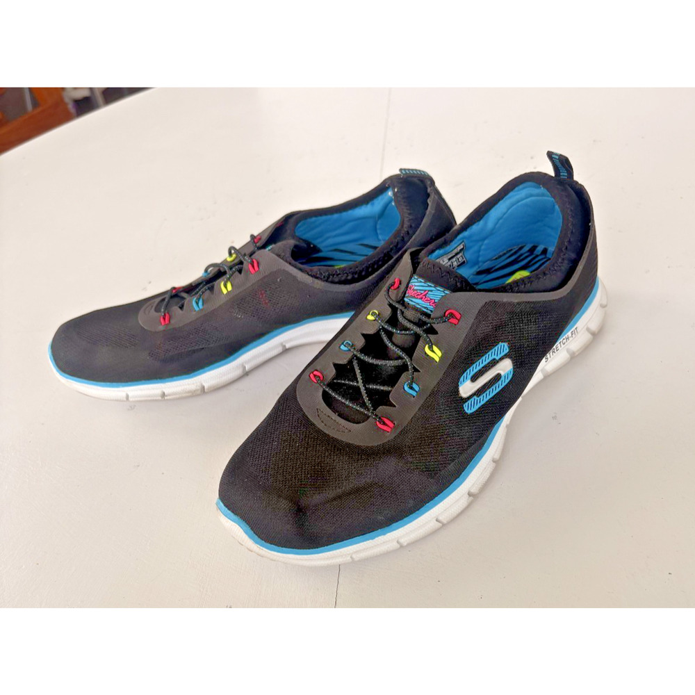 Skechers Stretch-Fit Air-Cooled Memory Foam Sneaker Shoes Womens 11 Black Neon